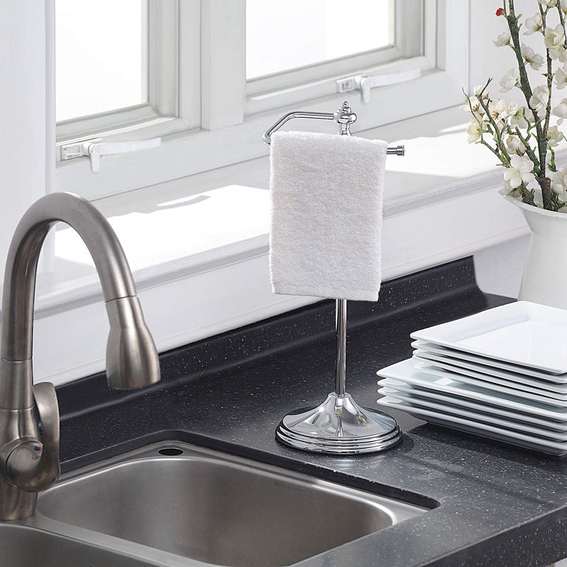 SunnyPoint Heavy Weight Classic Decorative Metal Fingertip Towel Holder Stand for Bathroom, Kitchen, Vanity and Countertops; Hanging Bar is 14.2"" Height (Chrome, 15.6"" x 5.6"" x 5.6"") - Image 2